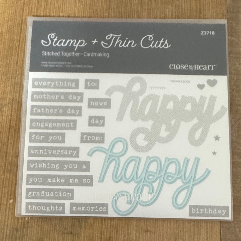 Close to My Heart 'Stitched Together' Stamp + Thin Cuts Set - Happy (Blue, Gray)